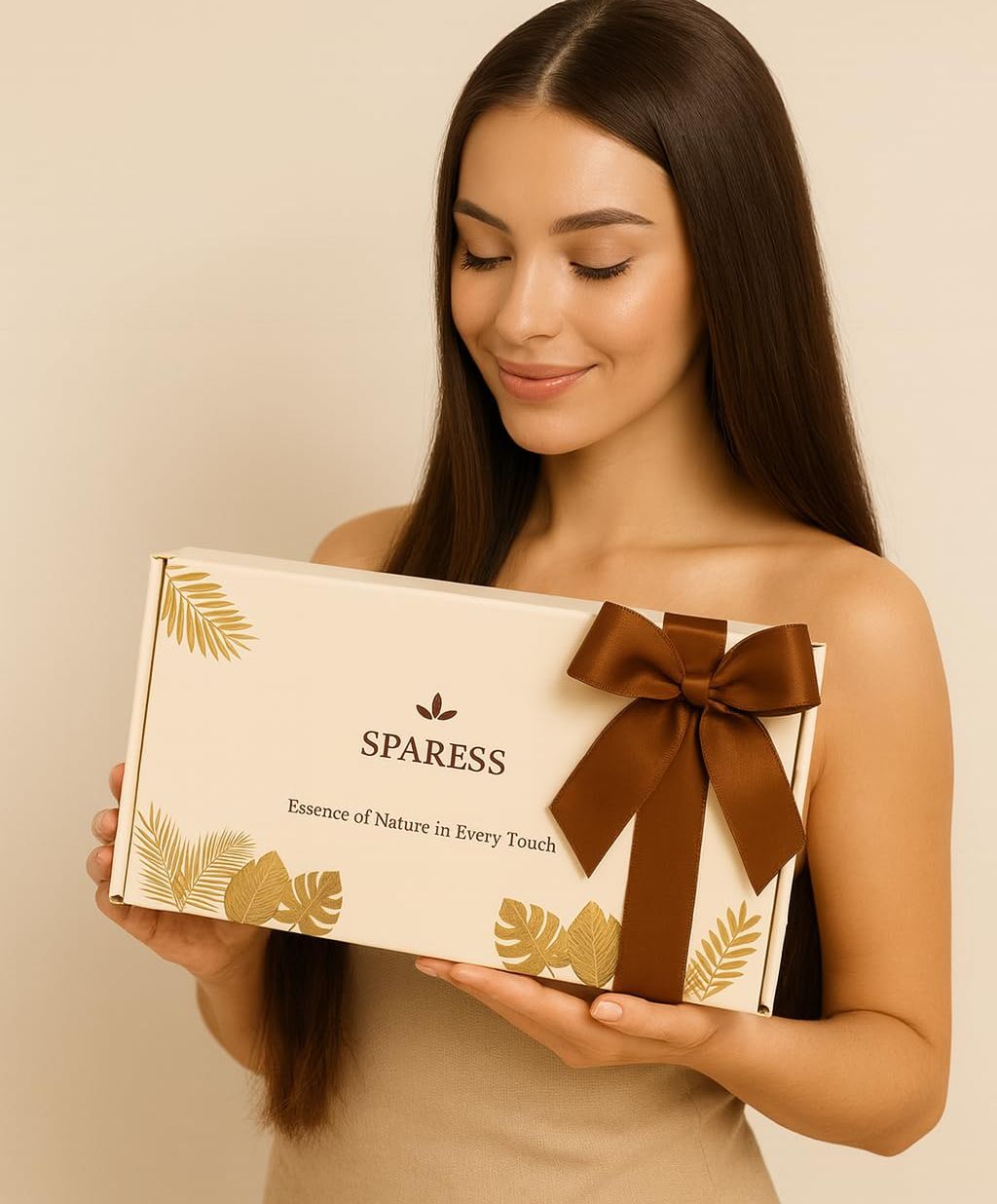 A SPARESS gift box held in both hands, gold palm-leaf print across the cream lid