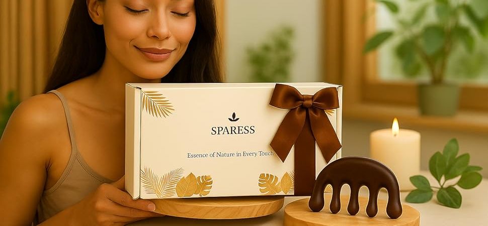 A SPARESS gift box tied with a brown satin ribbon, beside a wooden gua sha comb and a lit candle